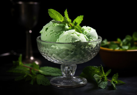 a bowl of ice cream with mint leavesの素材