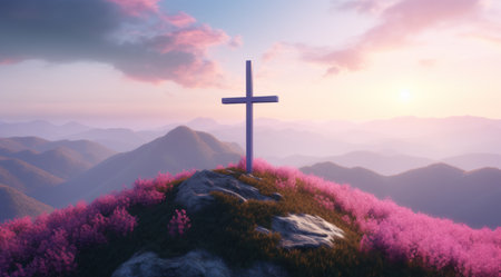 a cross on a hill with pink flowersの素材