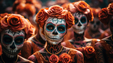 a group of people wearing face paint and flowersの素材
