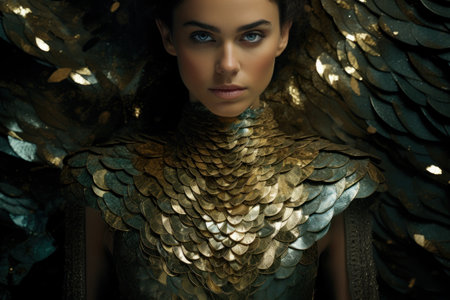 a woman wearing a gold and blue outfitの素材
