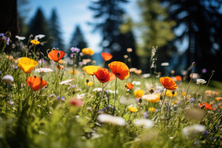 a field of flowers with trees in the backgroundの素材