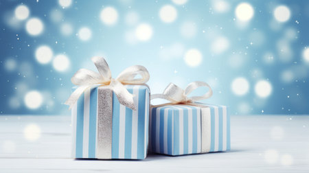 two blue and white striped boxes with silver bowsの素材