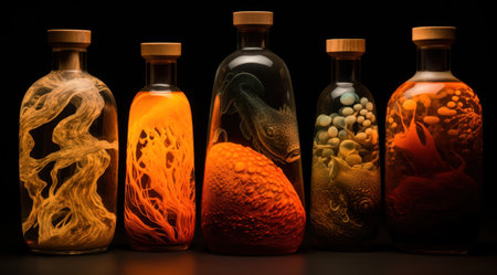 a group of bottles with different colors of liquidの素材