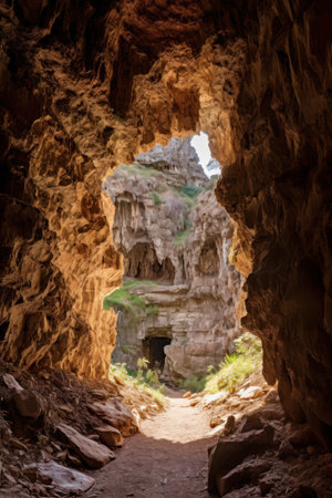 a cave entrance with a doorway and a path leading to the skyの素材