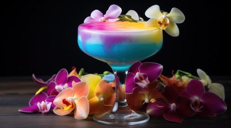 a colorful drink with flowers in the backgroundの素材