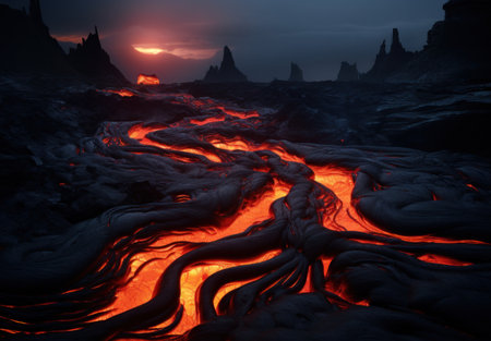 flowing lava in a desertの素材