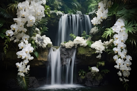 a waterfall surrounded by white flowersの素材