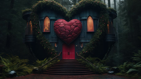 a house with a heart shaped door and stairsの素材