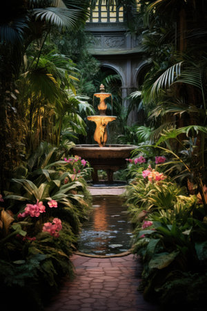 a fountain surrounded by plantsの素材