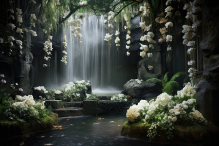 a waterfall with white flowers and rocksの素材