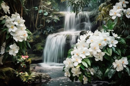 a waterfall surrounded by flowersの素材
