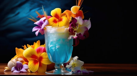 a blue drink with ice and flowers in a glassの素材