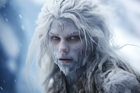 a woman with white hair and frost on her faceの素材