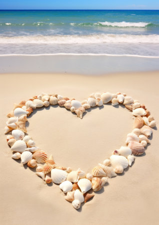 a heart made of seashells on sandの素材