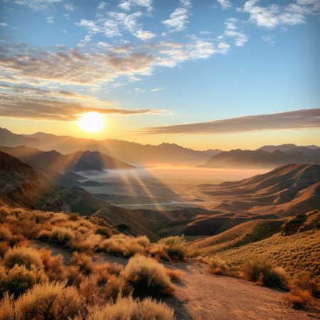a sun shining through clouds over a valleyの素材