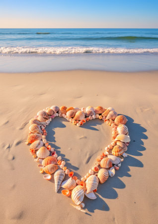 a heart shaped sea shells on sandの素材