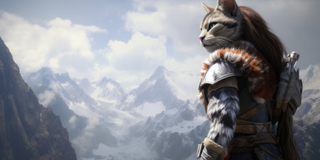 a cat in armor looking at mountainsの素材