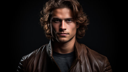 a man with long hair wearing a leather jacketの素材