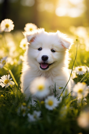 a white puppy in a field of flowersの素材