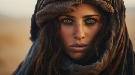 a woman with brown eyes and a scarf around her headの素材