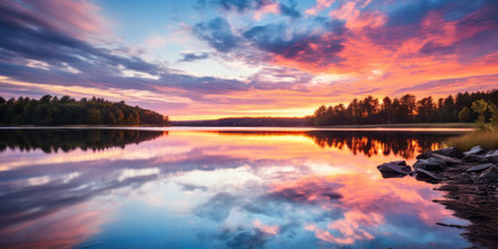 a sunset over a lakeの素材
