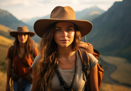 a woman wearing a hat and backpackの素材