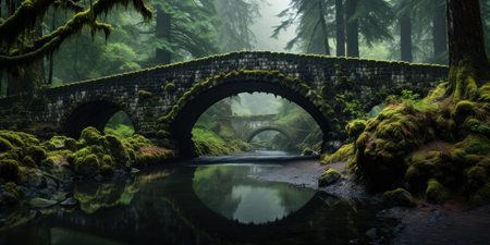 a bridge over a river in a forestの素材