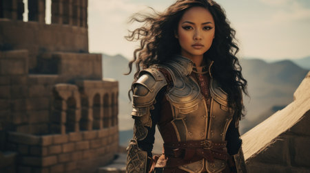 a woman in armor with long curly hairの素材