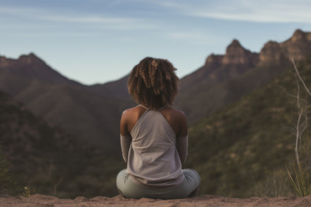 a woman sitting on a hill looking at mountainsの素材