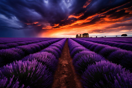a field of lavender with a sunset in the backgroundの素材