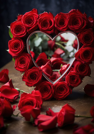 a heart shaped mirror with red rosesの素材