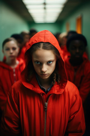 a girl in a red jacketの素材