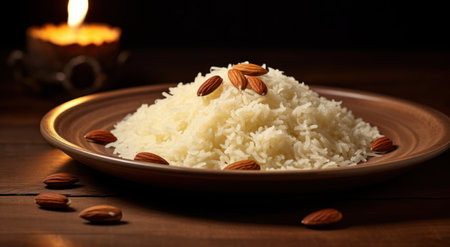 a plate of rice and almondsの素材