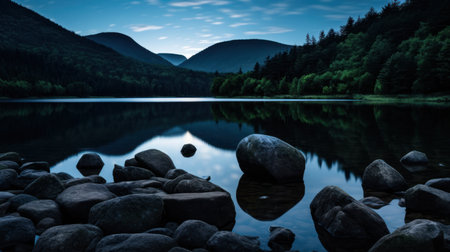 a lake with rocks and trees in the backgroundの素材