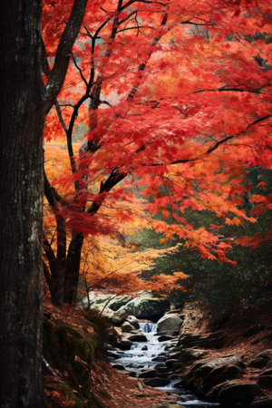 a stream running through a forest with red and orange leavesの素材