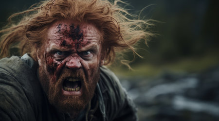 a man with red hair and a bloody faceの素材