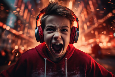 a boy wearing headphones and screamingの素材