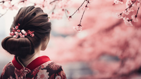 a woman in a kimono with flowers in her hairの素材