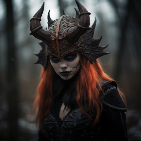 a woman with red hair and black face paint wearing a black and red helmetの素材