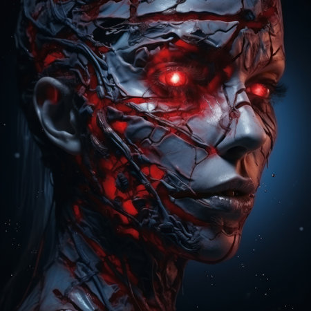 a woman with red eyes and a cracked faceの素材