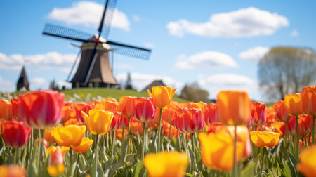 a field of tulips with a windmill in the backgroundの素材