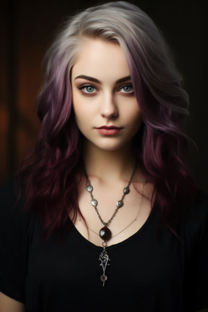 a woman with purple hair and necklaceの素材