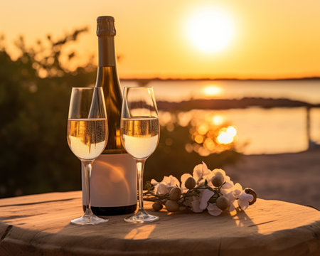 a bottle and glasses of wine on a table with a sunset in the backgroundの素材