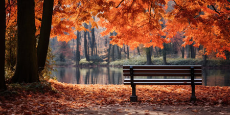 a bench in a park with orange leavesの素材