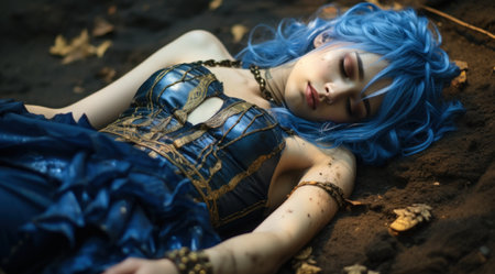 a woman lying on the ground with blue hairの素材