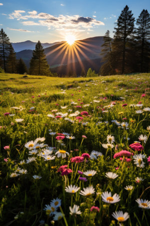 a field of flowers with the sun shining throughの素材
