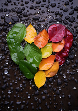 a heart shaped leaf arrangement on wet rocksの素材
