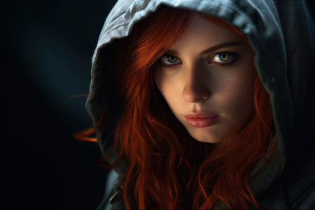 a woman with red hair wearing a hoodの素材