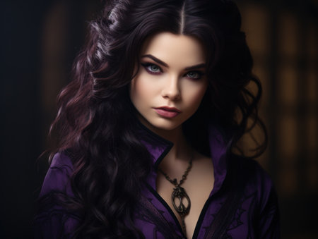a woman with long hair wearing a purple shirtの素材