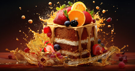 a cake with fruit on top and liquid splashingの素材